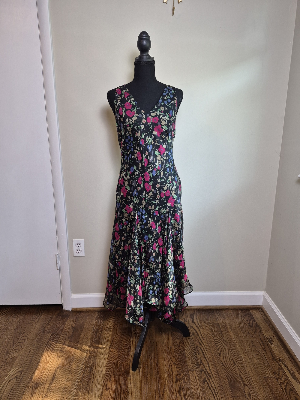 V-Neck Black Maxi Dress with Pink Floral Print